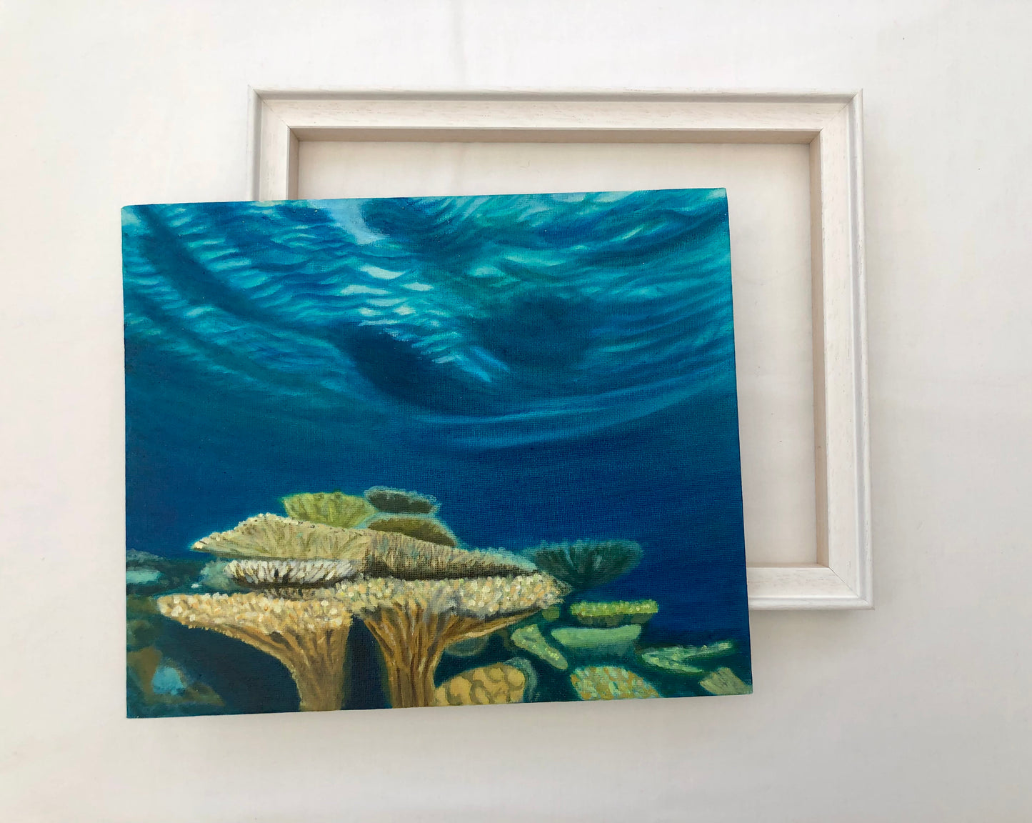 Coral heads I oil painting by S Valenti showing tray frame behind