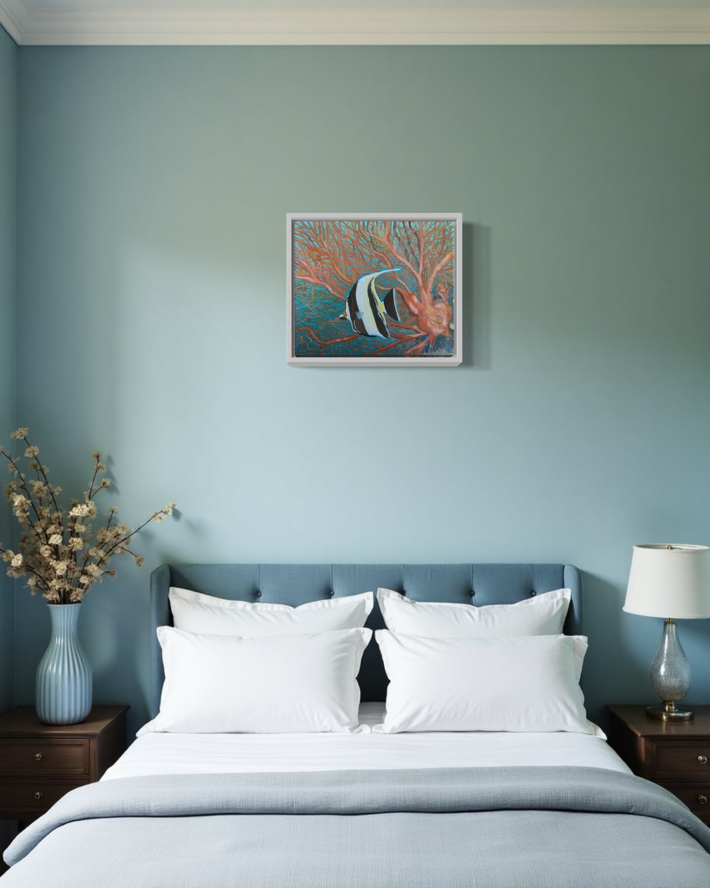 Moorish idol fish and red sea fan coral oil painting on bedroom wall