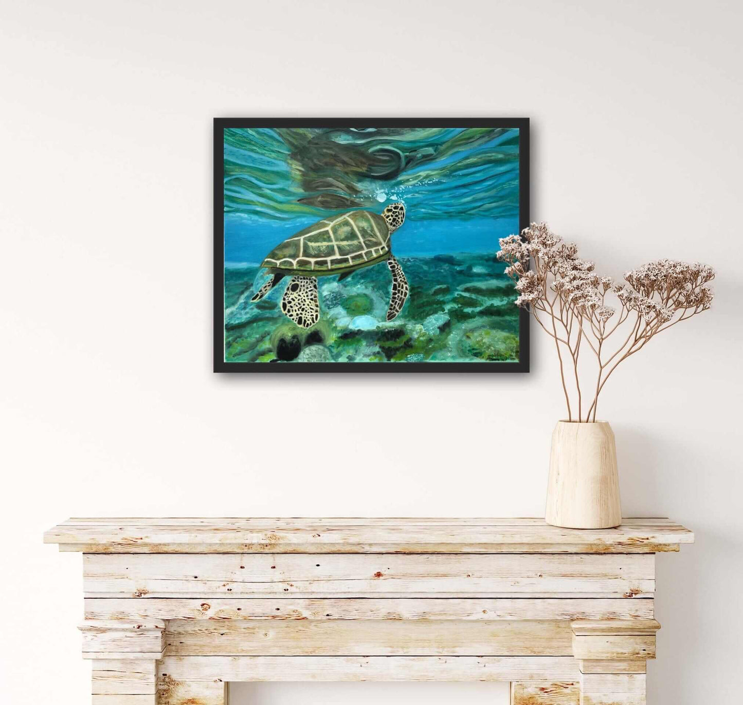 Turtle 'A Breath of Air' Original Oil Painting by S Valenti framed in black on wall