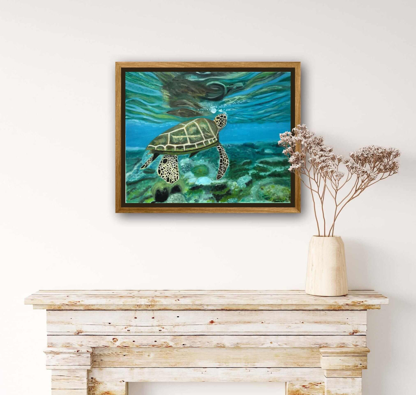 Turtle 'A Breath of Air' Original Oil Painting by S Valenti framed in wood on wall