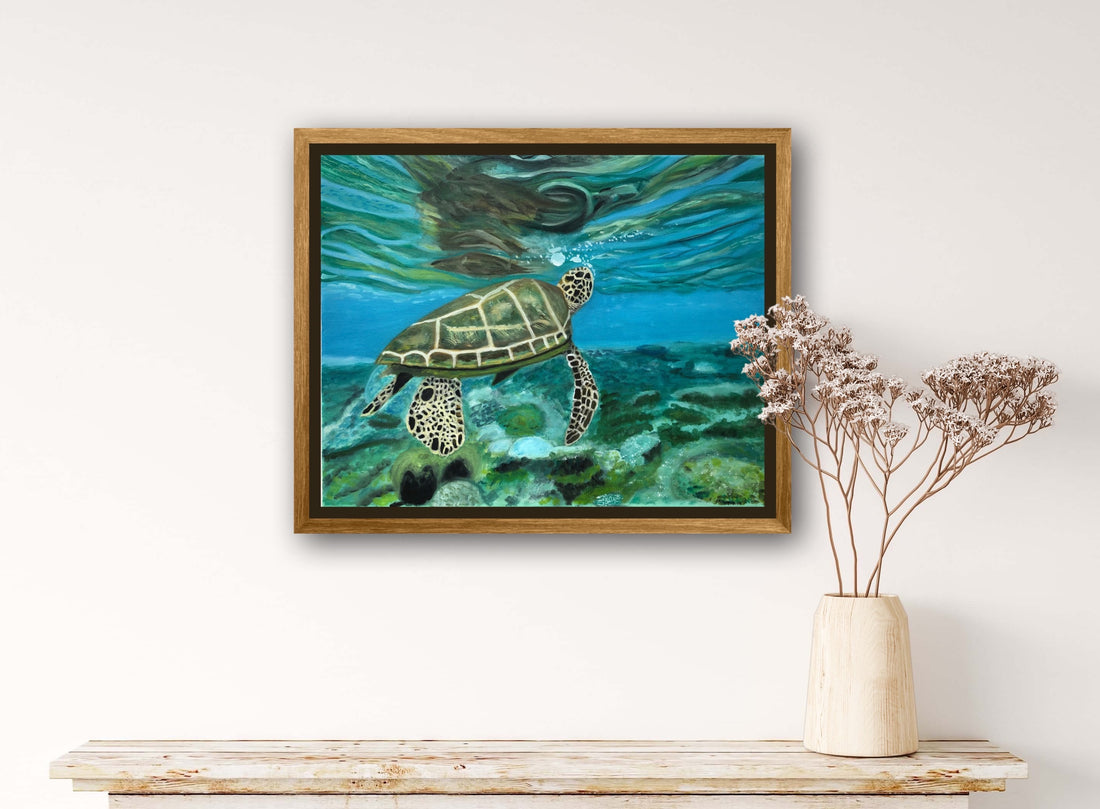 Sea turtle original painting framed on wall S Valenti