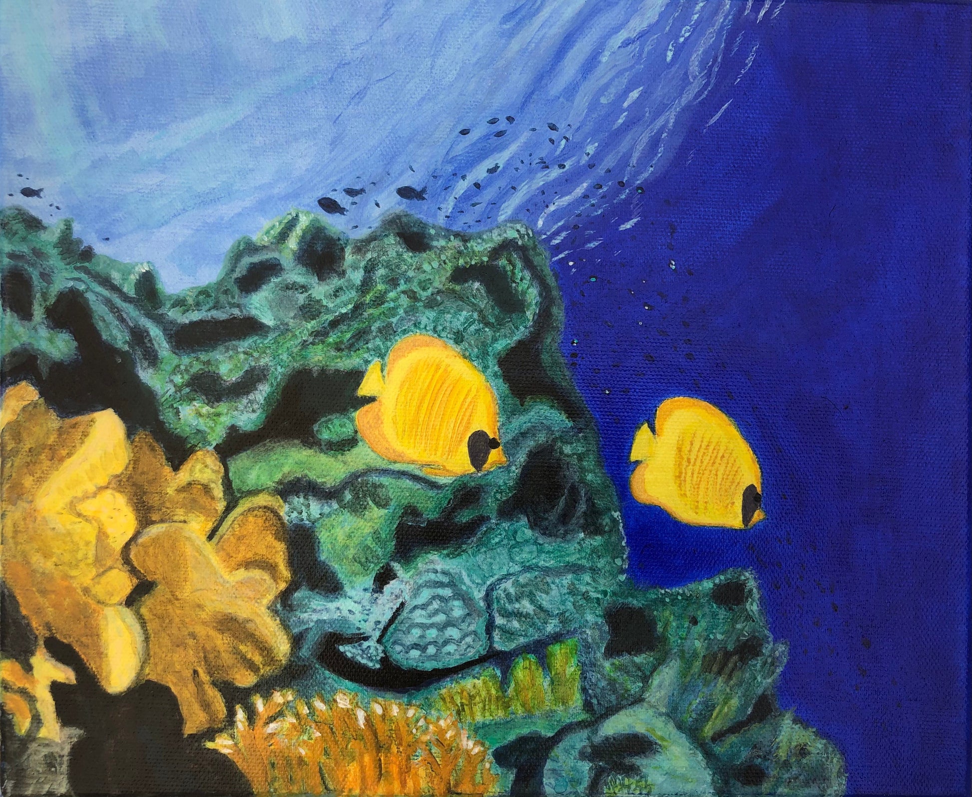 Butterfly fish and coral reef original painting in acrylic by S Valenti