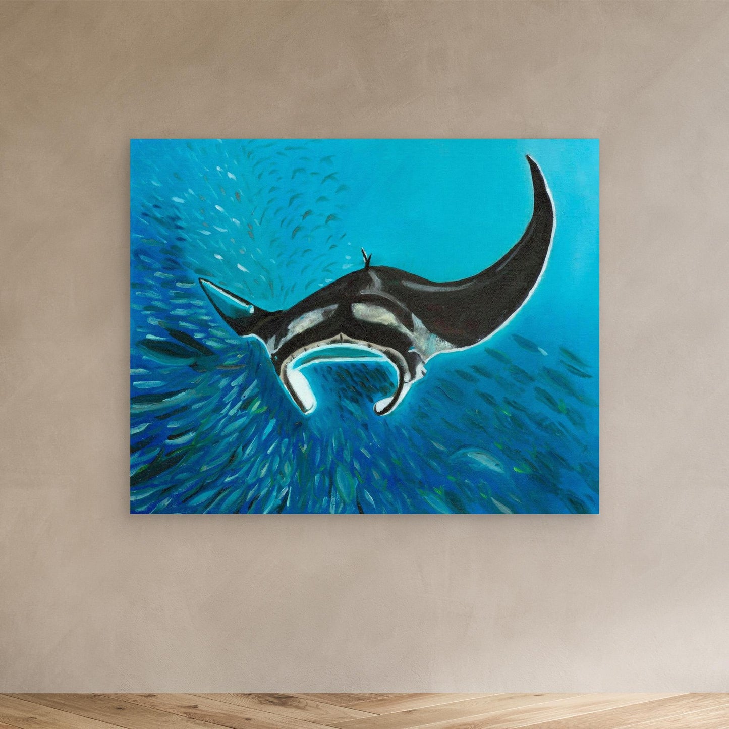 Freedom Manta Ray with School of Fish Canvas Art Print