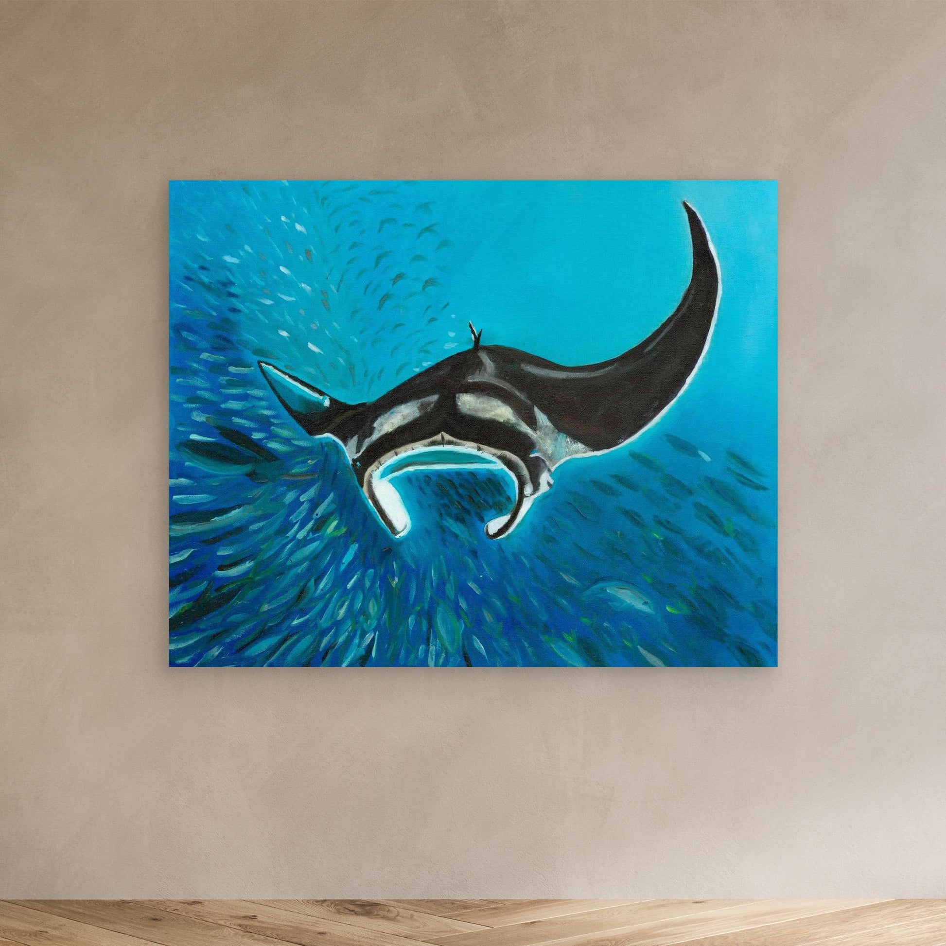 Freedom Manta Ray with School of Fish Canvas Art Print