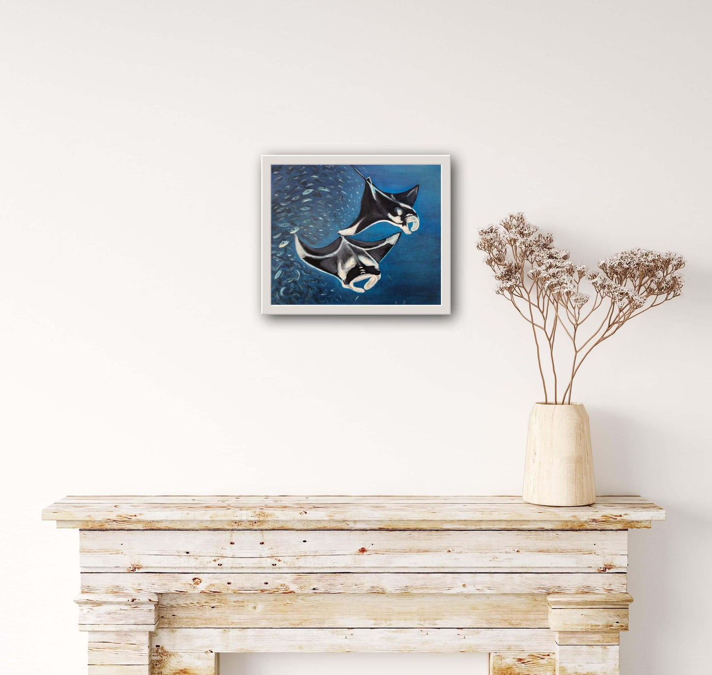 Manta ray II Original Oil Painting by S Valenti framed in white on wall