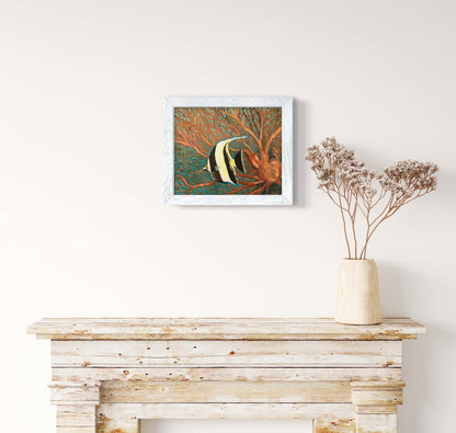 Moorish idol and red coral sea fan original oil painting by S Valenti framed in white washed frame on wall