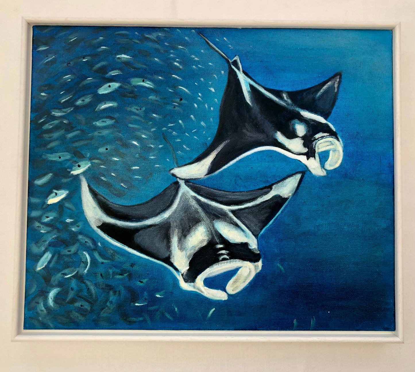 Manta ray II Original Oil Painting by S Valenti framed in white tray frame