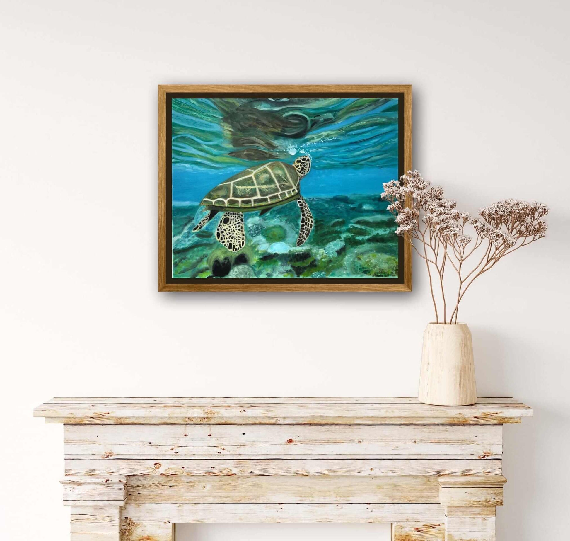 Turtle 'A Breath of Air' Original Oil Painting by S Valenti framed in wood on wall