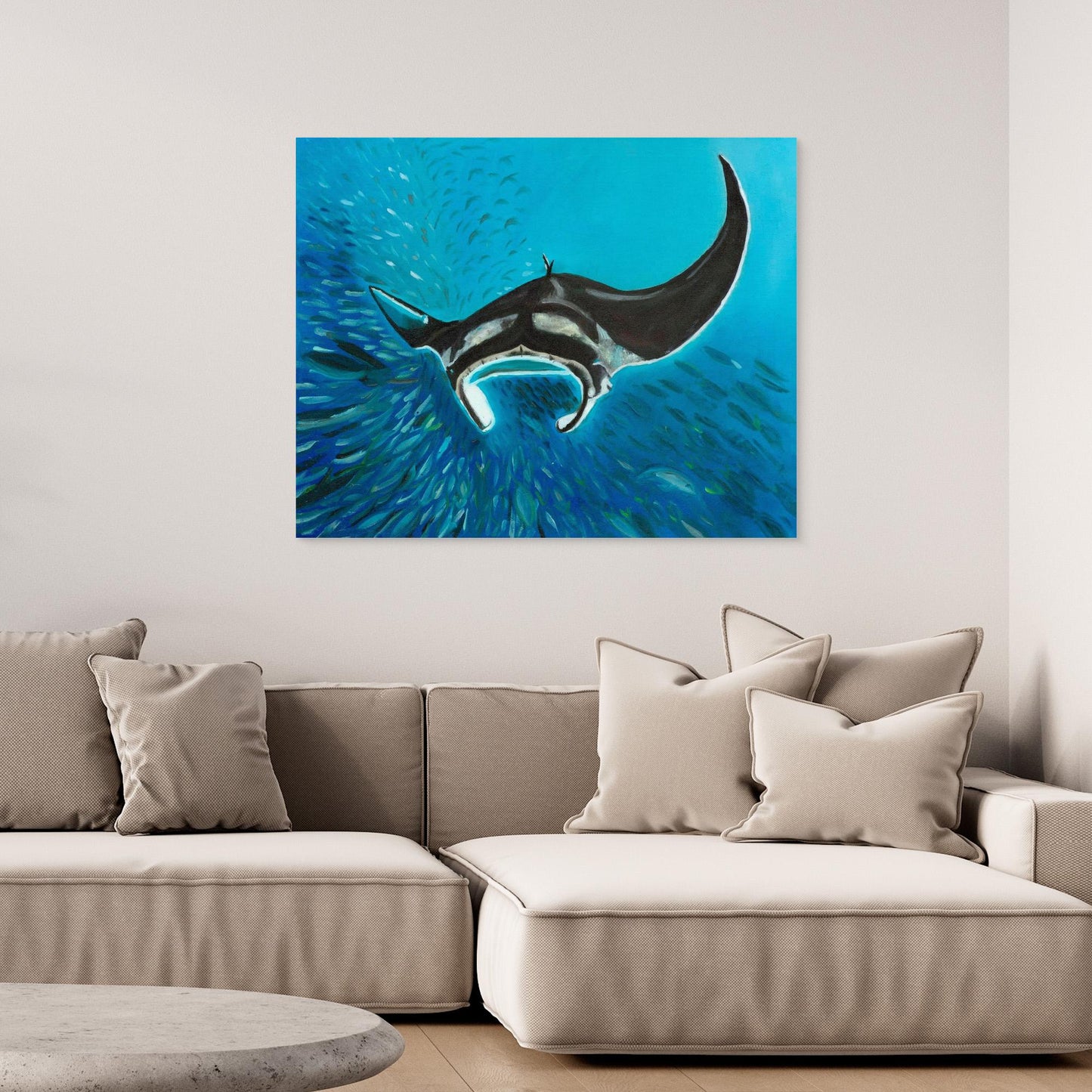 Freedom Manta Ray with School of Fish Canvas Art Print
