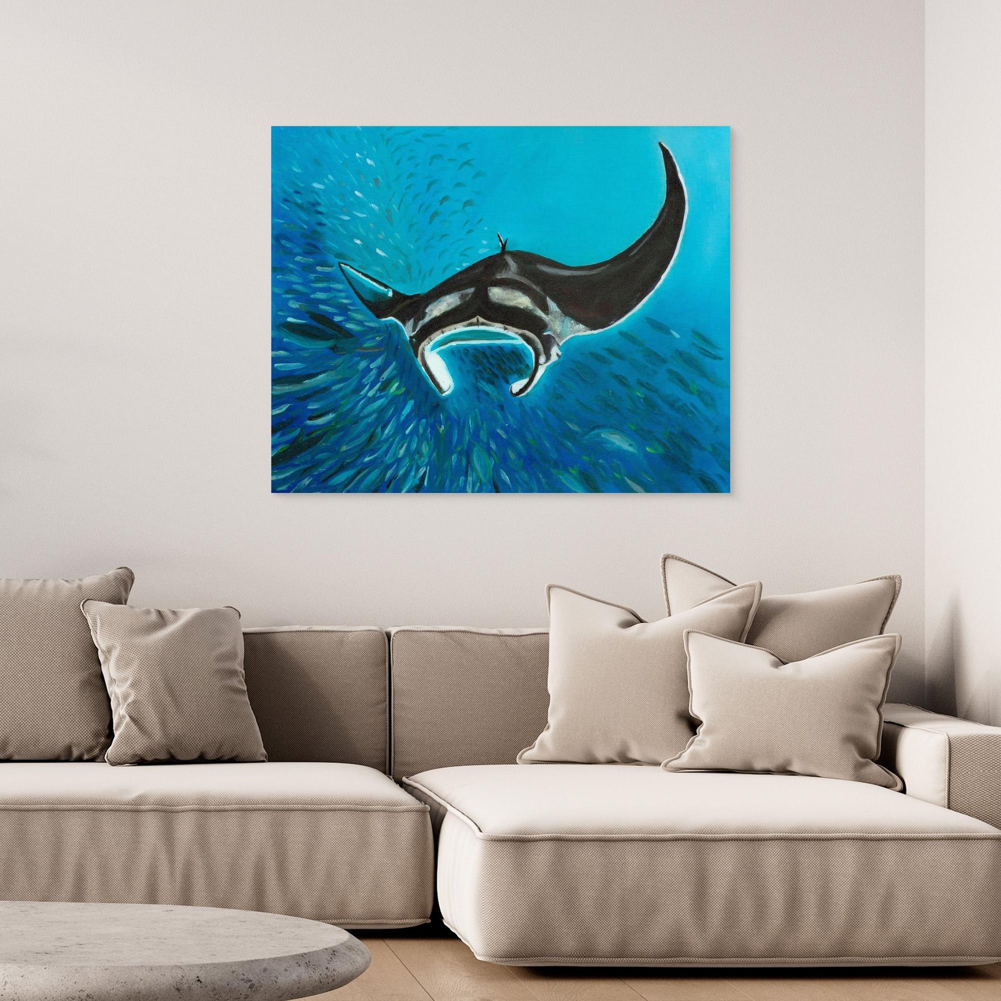 Freedom Manta Ray with School of Fish Canvas Art Print