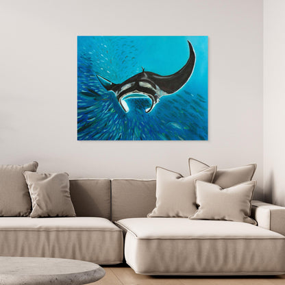 Freedom Manta Ray with School of Fish Canvas Art Print