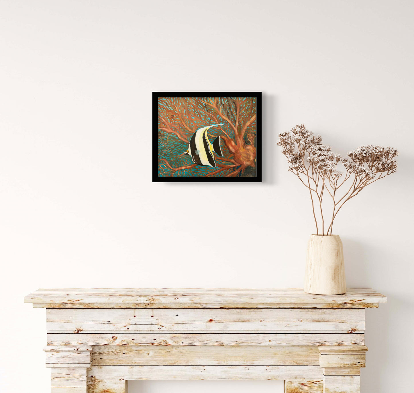 Moorish idol and red coral sea fan original oil painting by S Valenti framed in black on wall