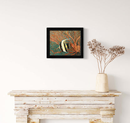 Moorish idol and red coral sea fan original oil painting by S Valenti framed in black on wall