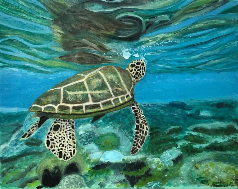 Turtle 'A Breath of Air' Original Oil Painting by S Valenti