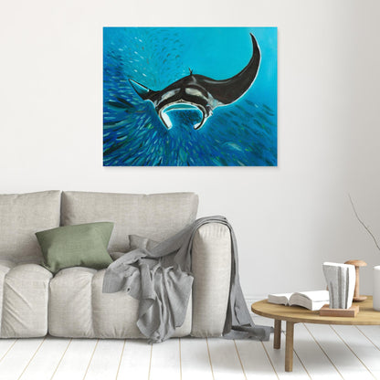 Freedom Manta Ray with School of Fish Canvas Art Print