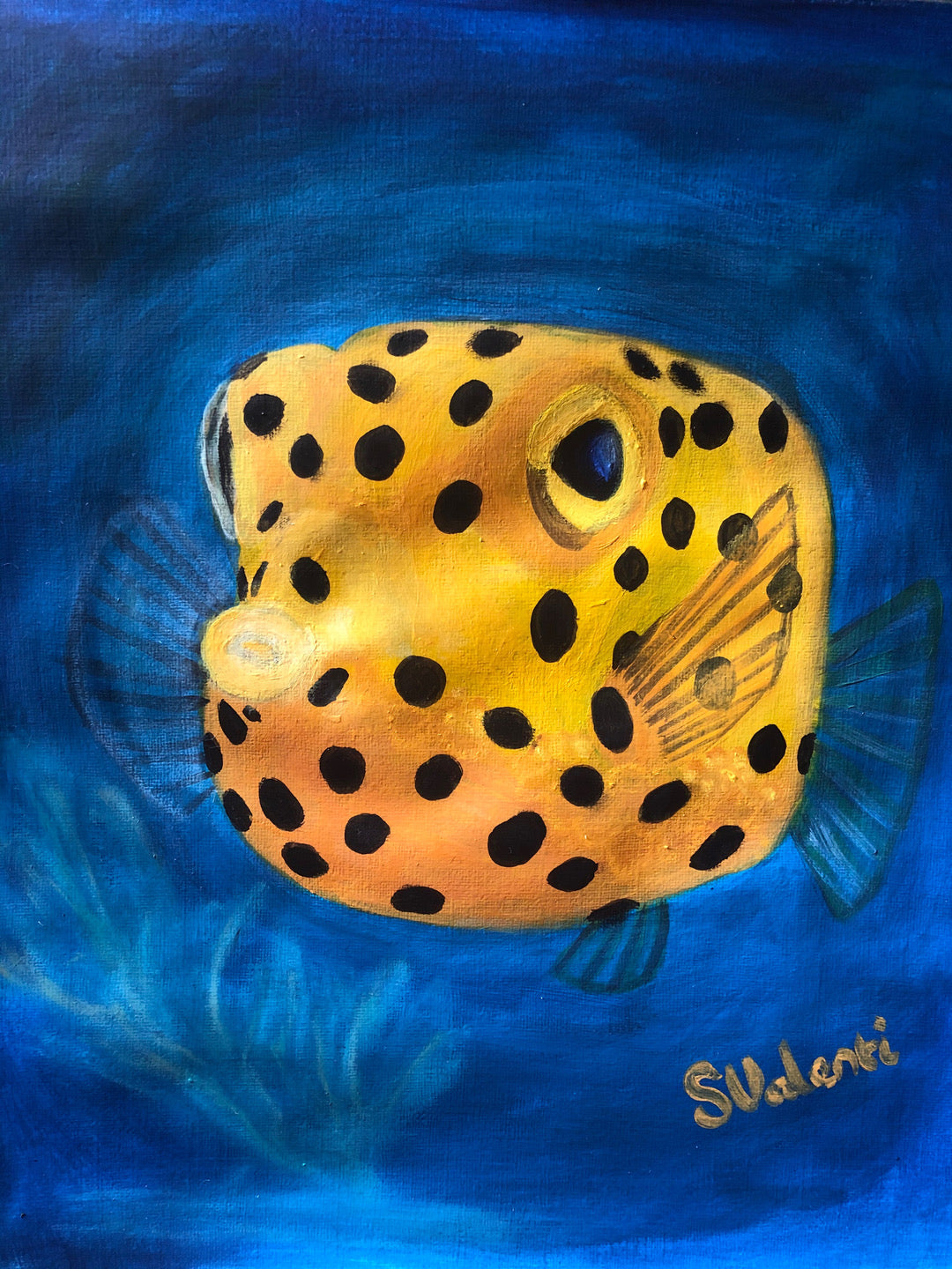 Baby yellow box fish original mixed media painting by S Valenti