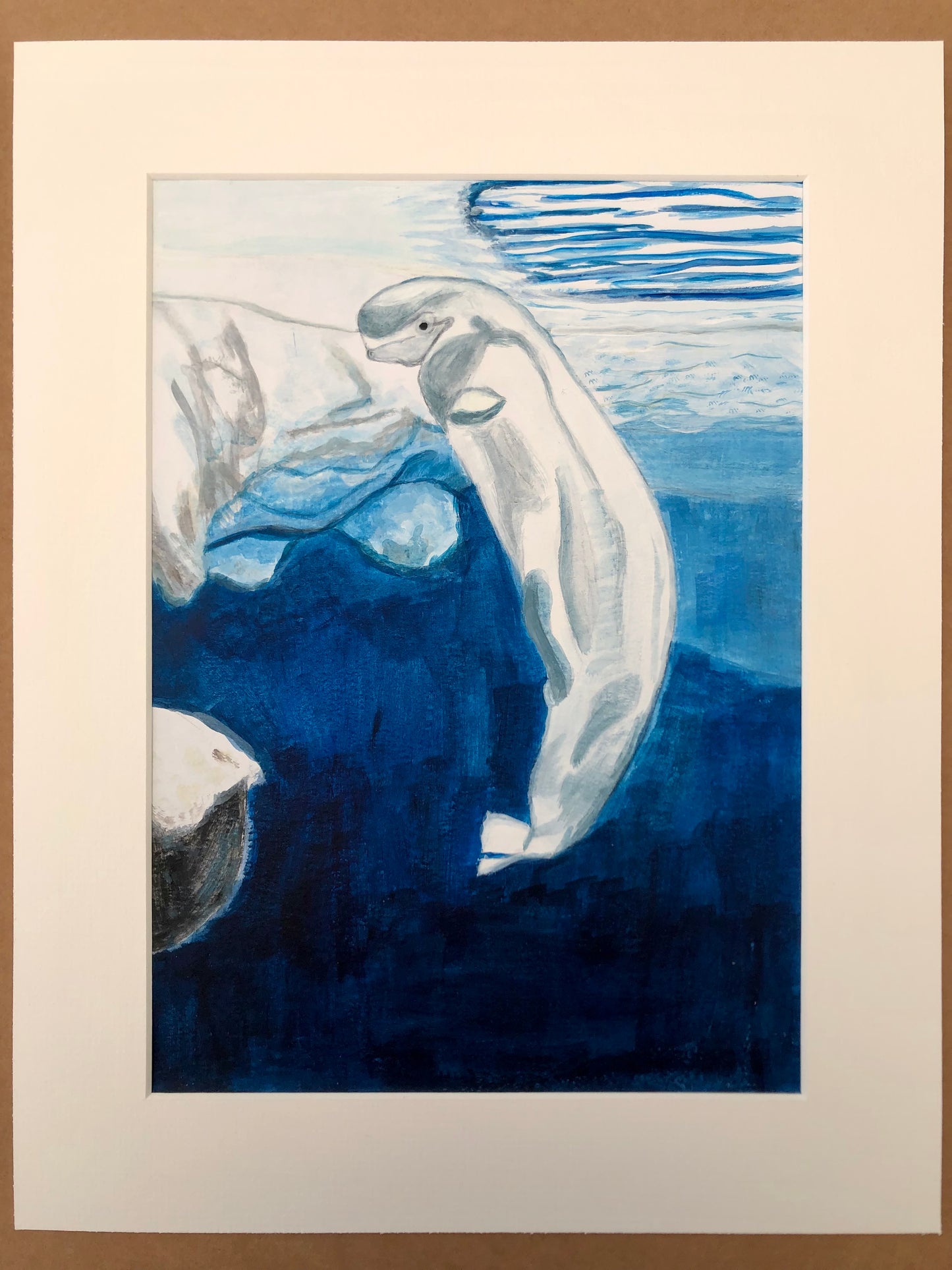 Beluga whale acrylic painting by S Valenti in white mount