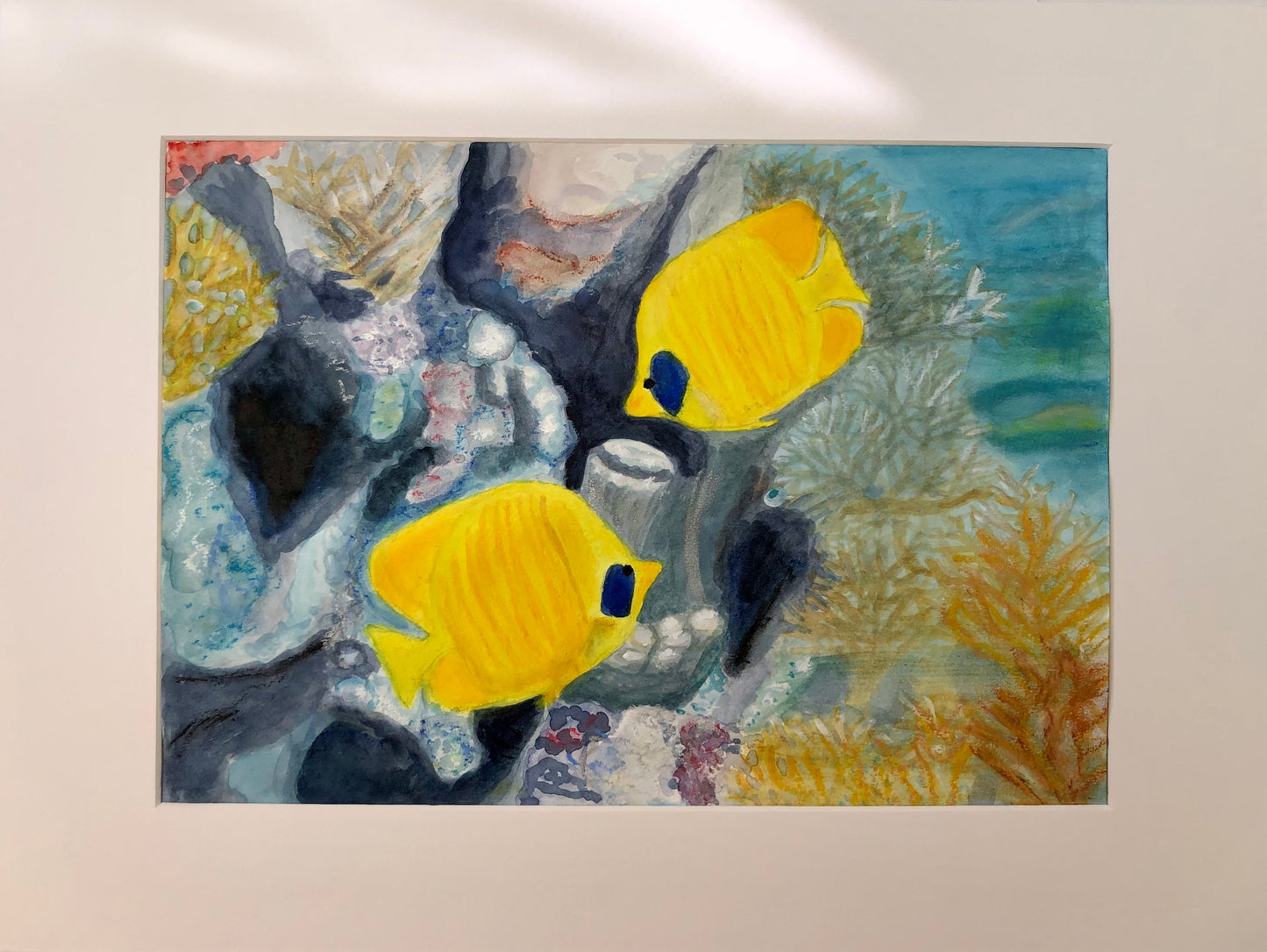 Butterfly fish and coral reef original mixed media painting by S Valenti mounted in white