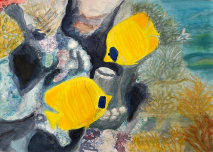 Butterfly fish and coral reef original mixed media painting by S Valenti