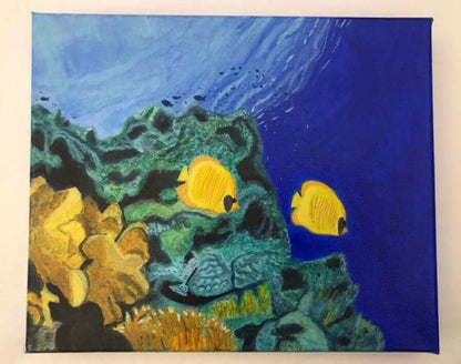 Butterfly fish and coral reef original painting in acrylic by S Valenti