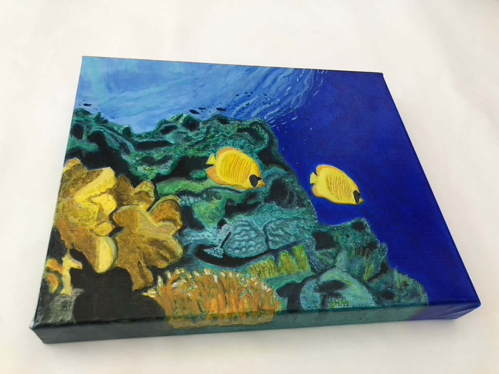 Side view of butterfly fish and coral reef acrylic original painting by S Valenti