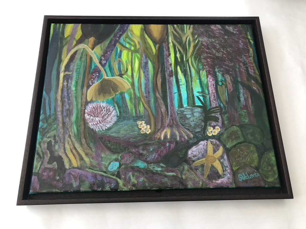 Kelp Forest, Farne Islands, UK, Original Acrylic Painting by S Valenti Framed in Dark Wood Float Frame