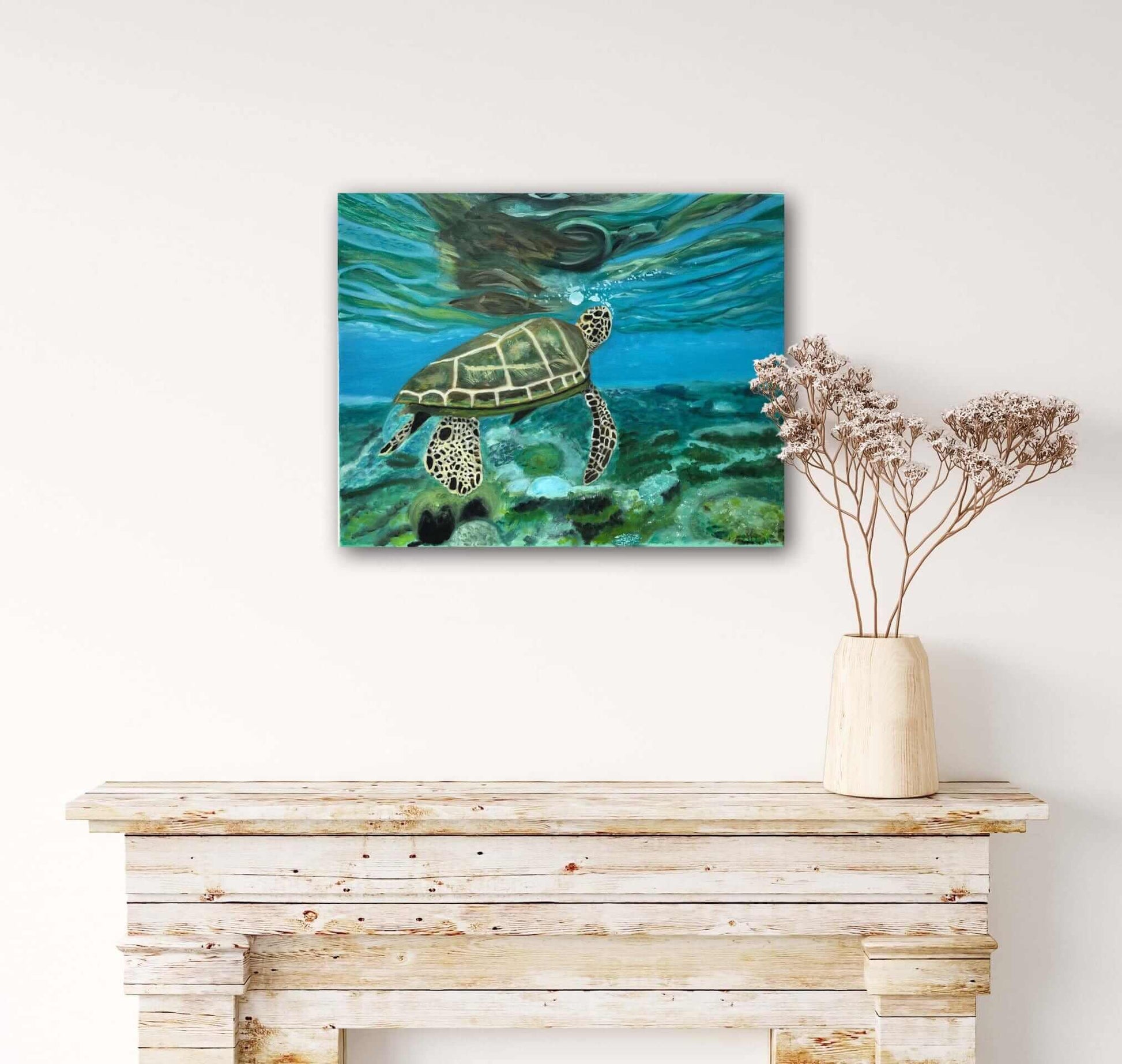 Turtle 'A Breath of Air' Original Oil Painting by S Valenti framed on wall