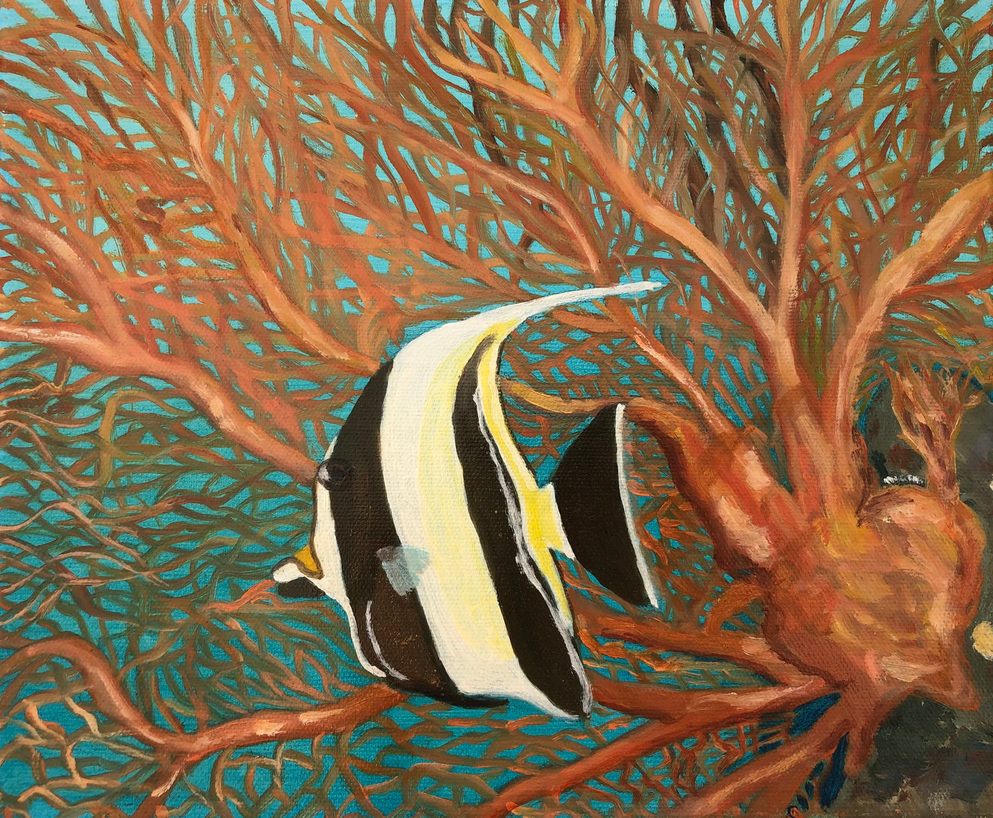 Moorish idol and red coral sea fan original oil painting by S Valenti