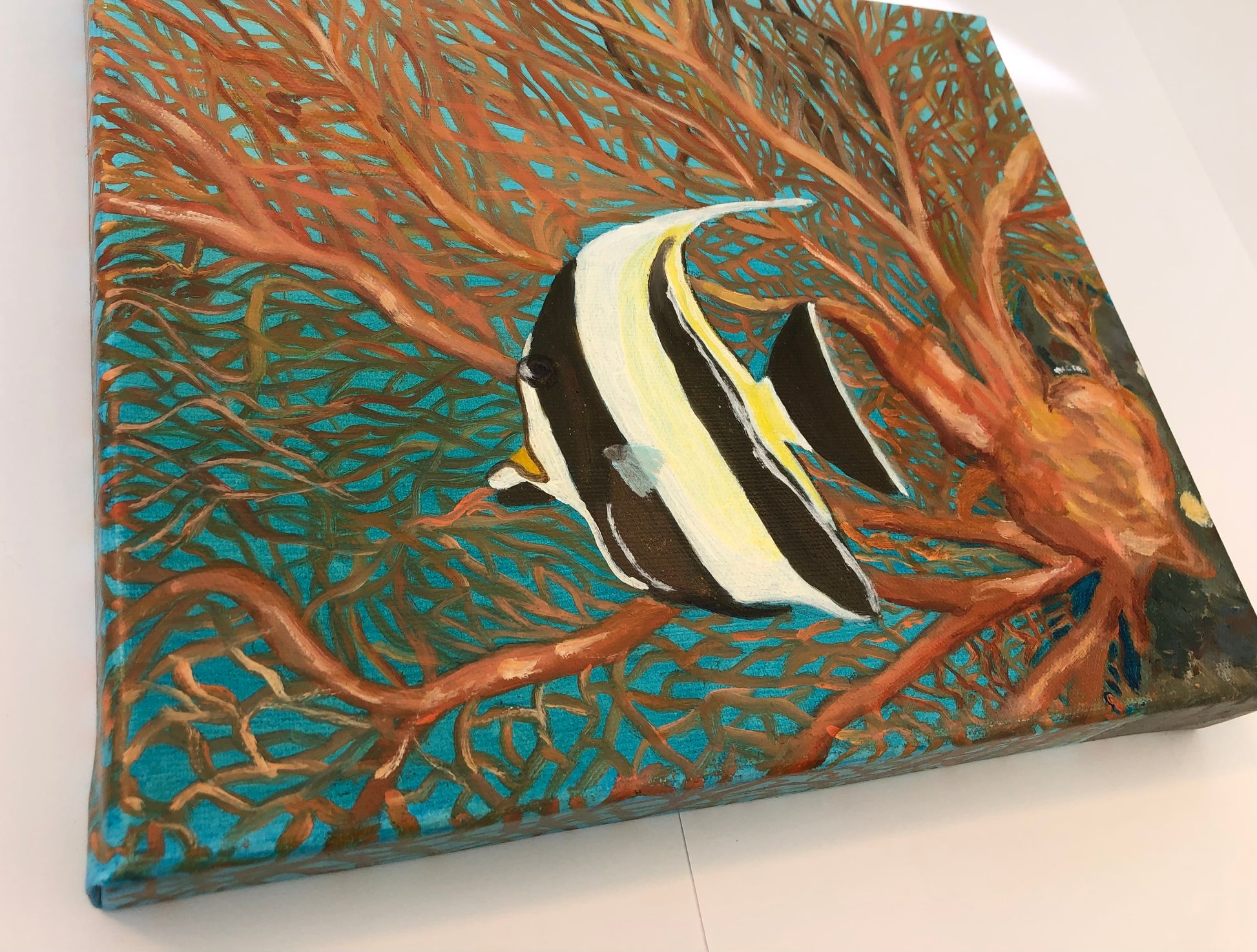 Moorish idol and red coral sea fan original oil painting by S Valenti