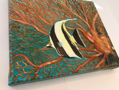 Moorish idol and red coral sea fan original oil painting by S Valenti