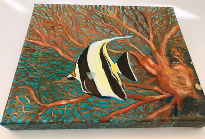 Moorish idol and red coral sea fan original oil painting by S Valenti