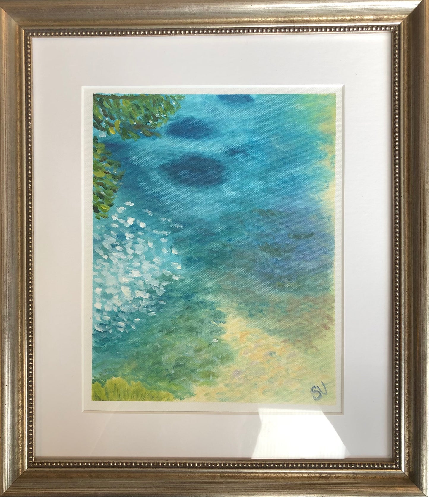 Ocean reflections Sardinia original oil painting by S Valenti framed and mounted