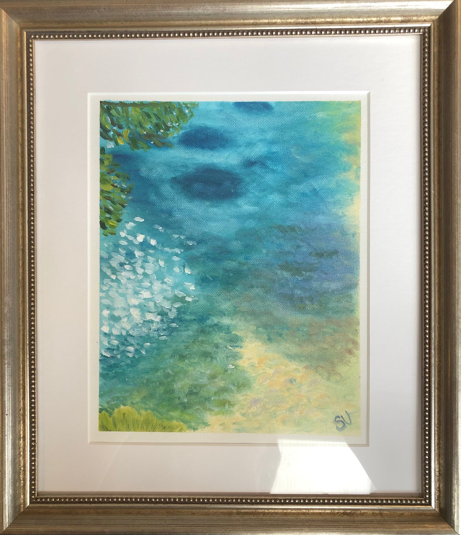 Ocean reflections Sardinia original oil painting by S Valenti framed and mounted