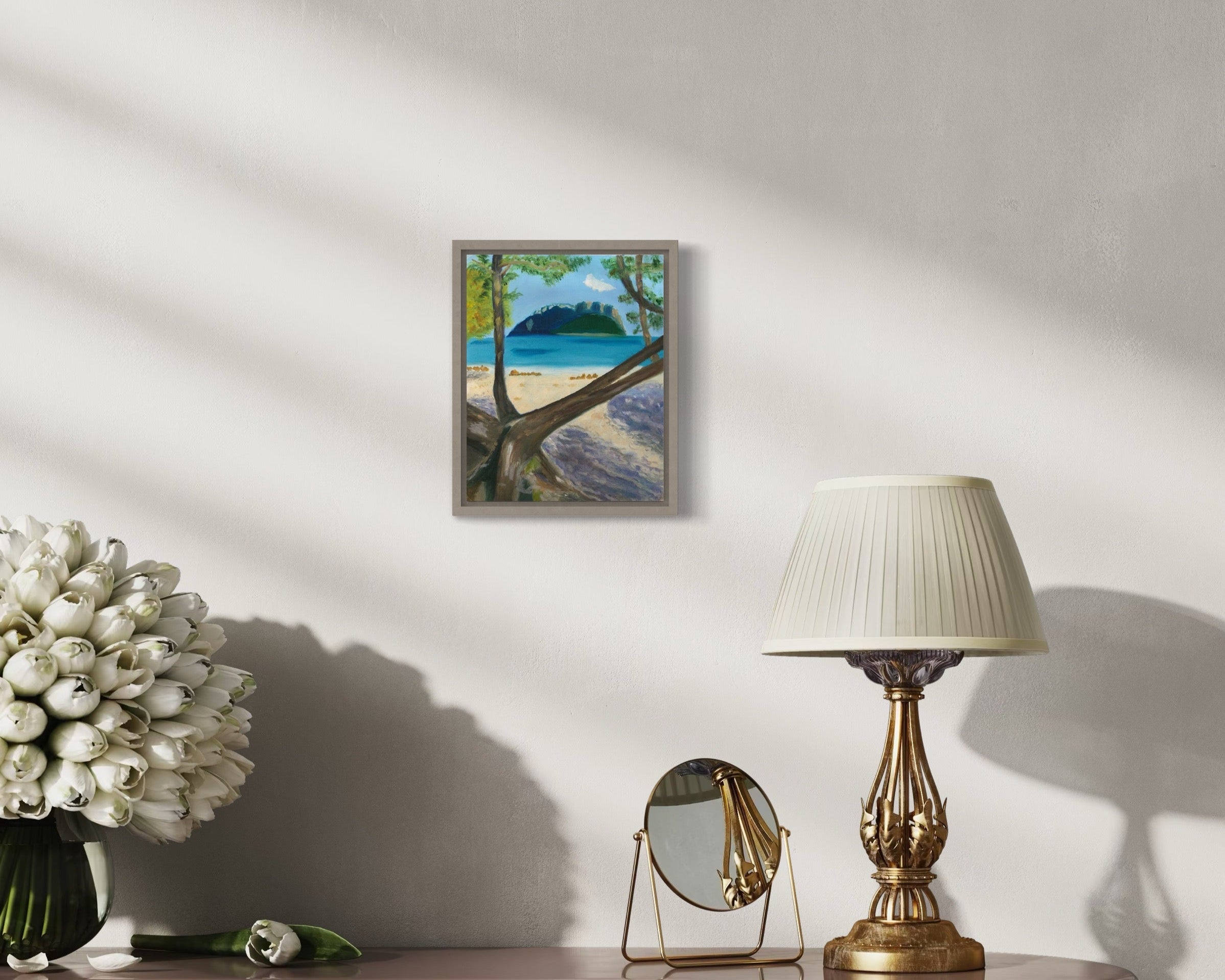 Tavolara Island view seascape original oil painting by S Valenti Art hanging on wall in grey frame