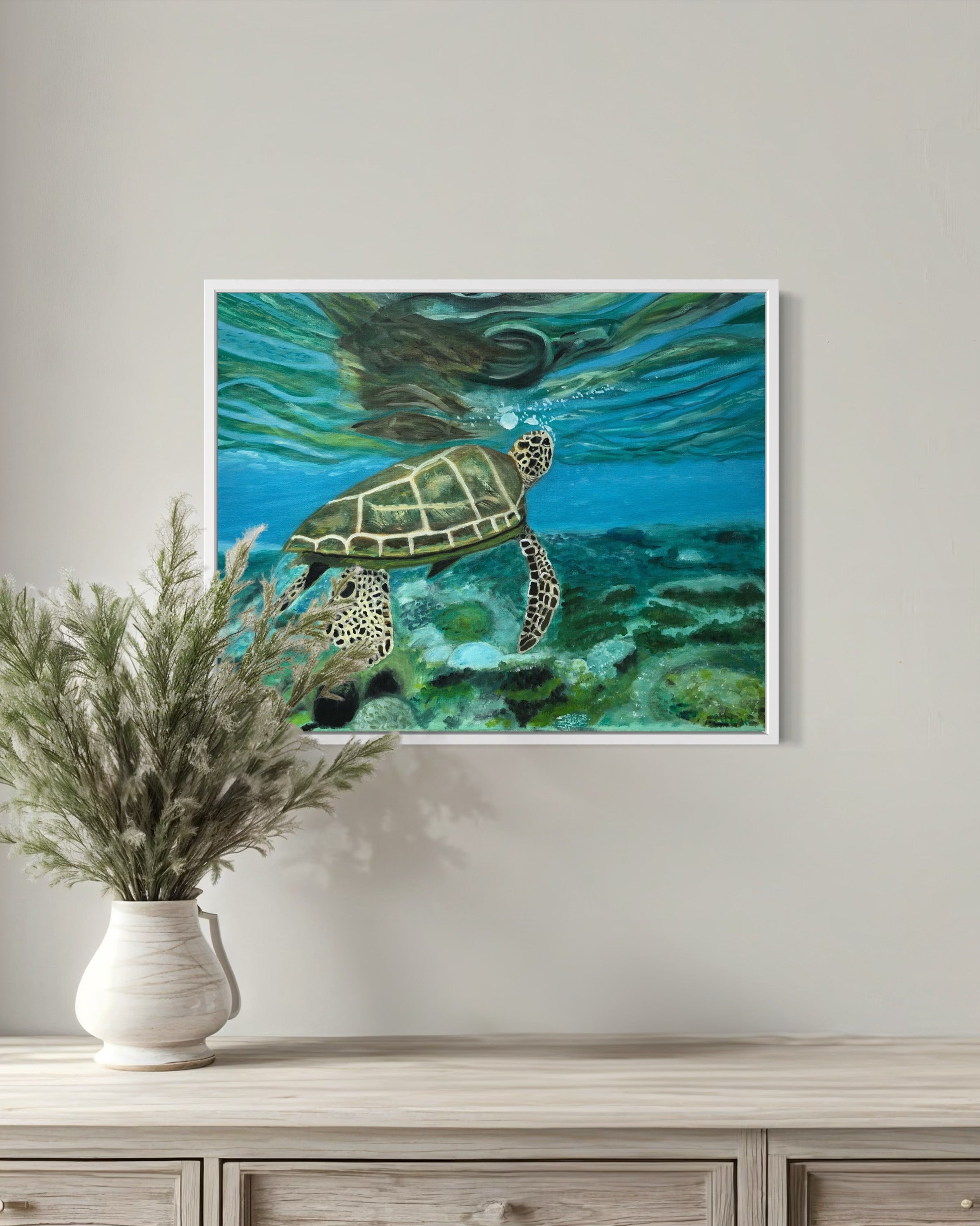 Turtle reflections original oil painting framed in white on wall