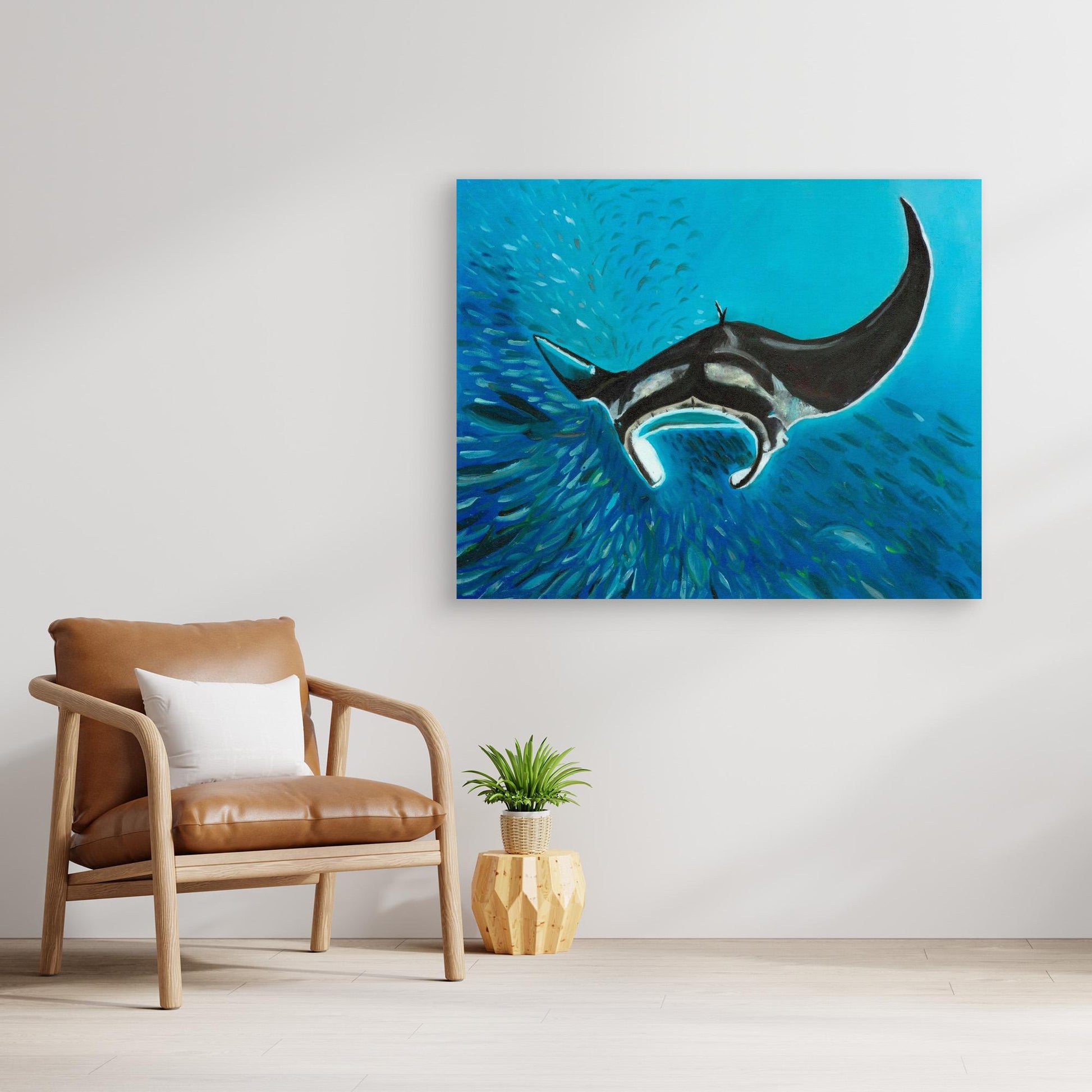 Freedom Manta Ray with School of Fish Canvas Art Print