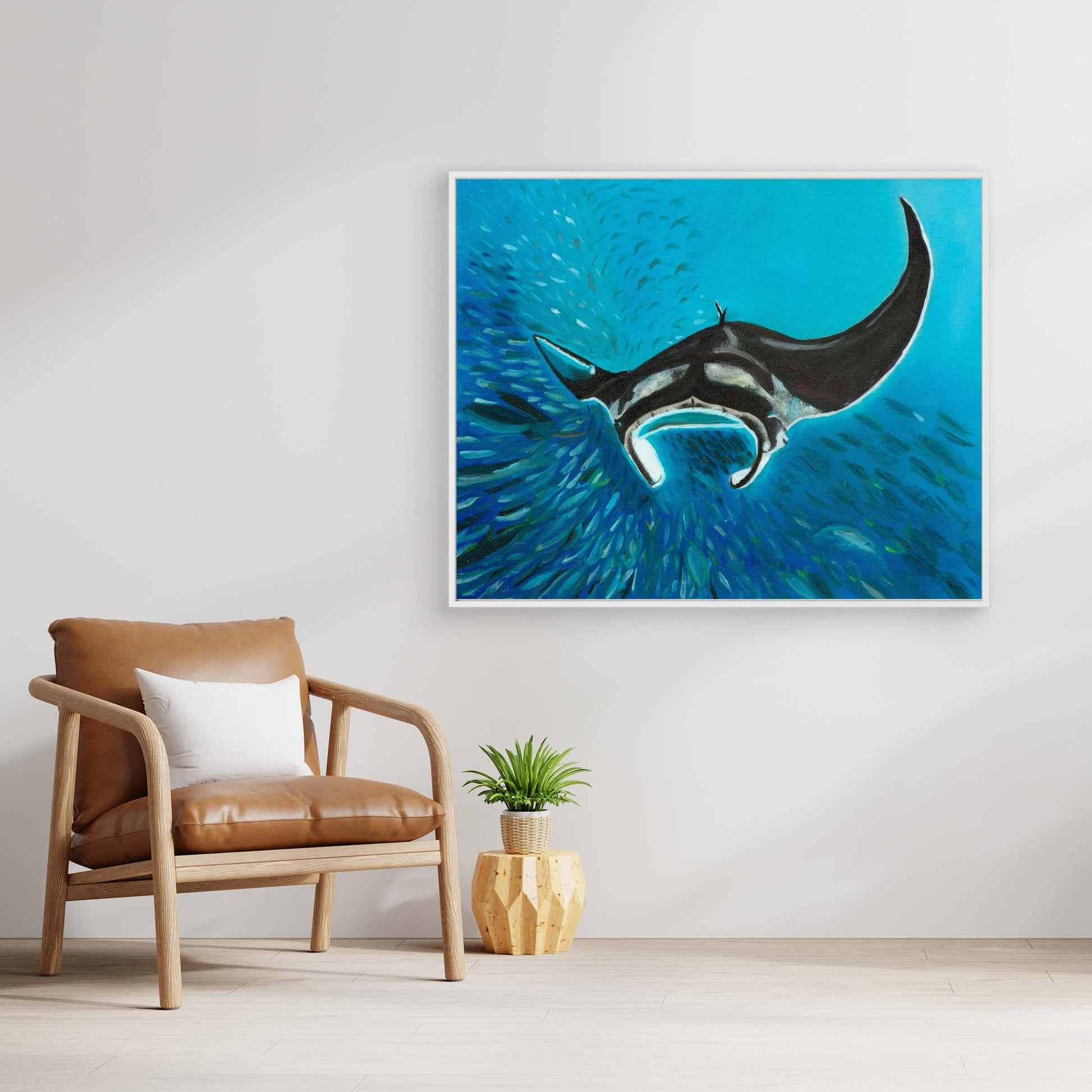 Freedom Manta Ray with School of Fish Canvas Art Print