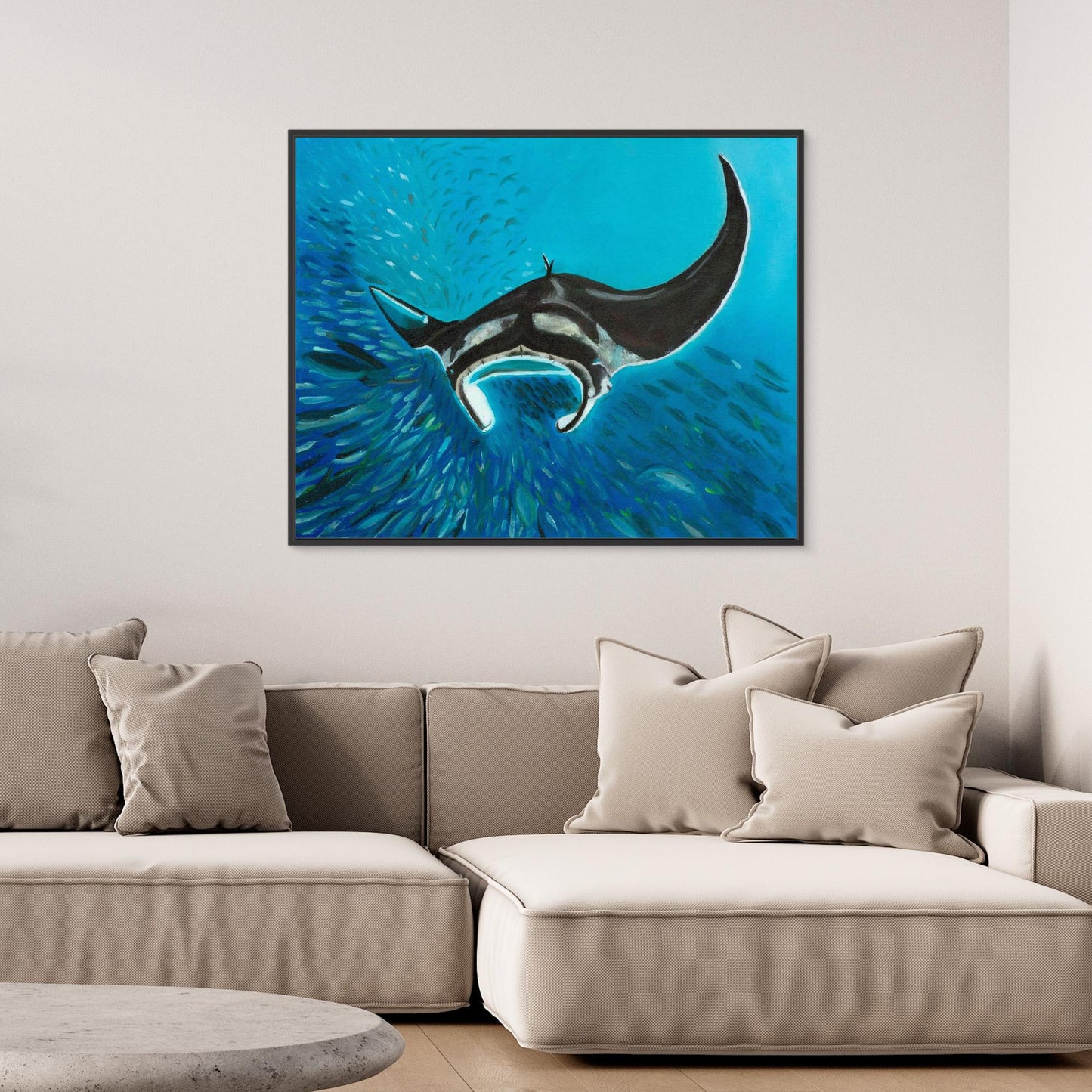 Freedom Manta Ray with School of Fish Canvas Art Print