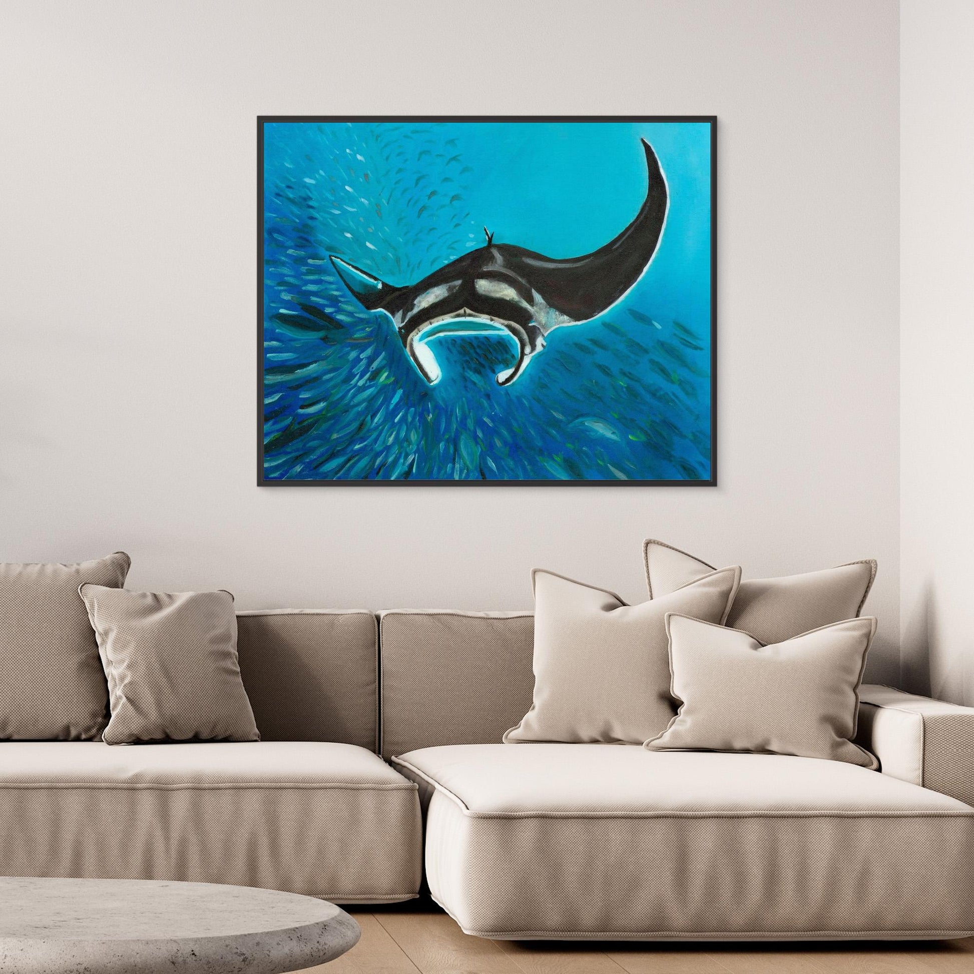 Freedom Manta Ray with School of Fish Canvas Art Print
