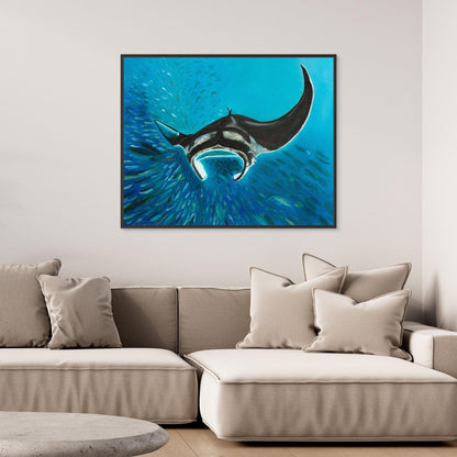 Freedom Manta Ray with School of Fish Canvas Art Print