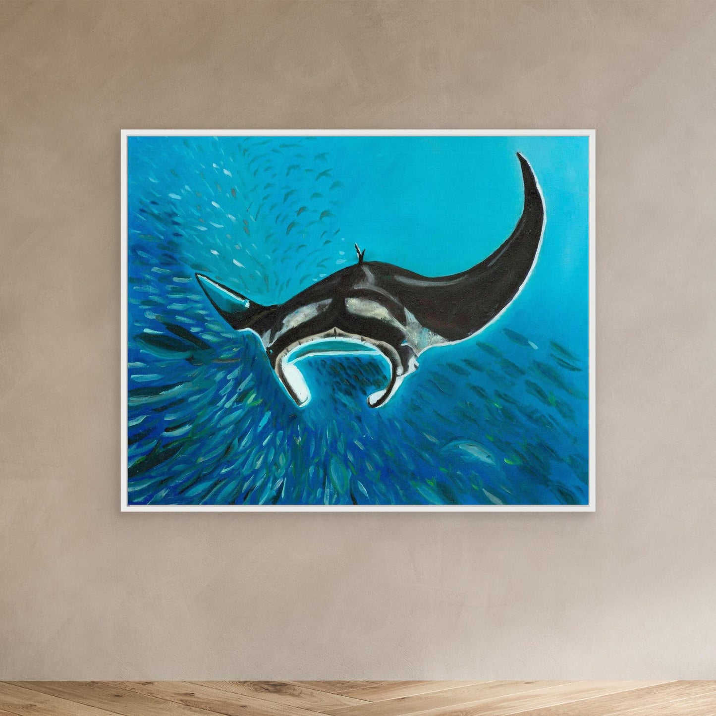 Freedom Manta Ray with School of Fish Canvas Art Print