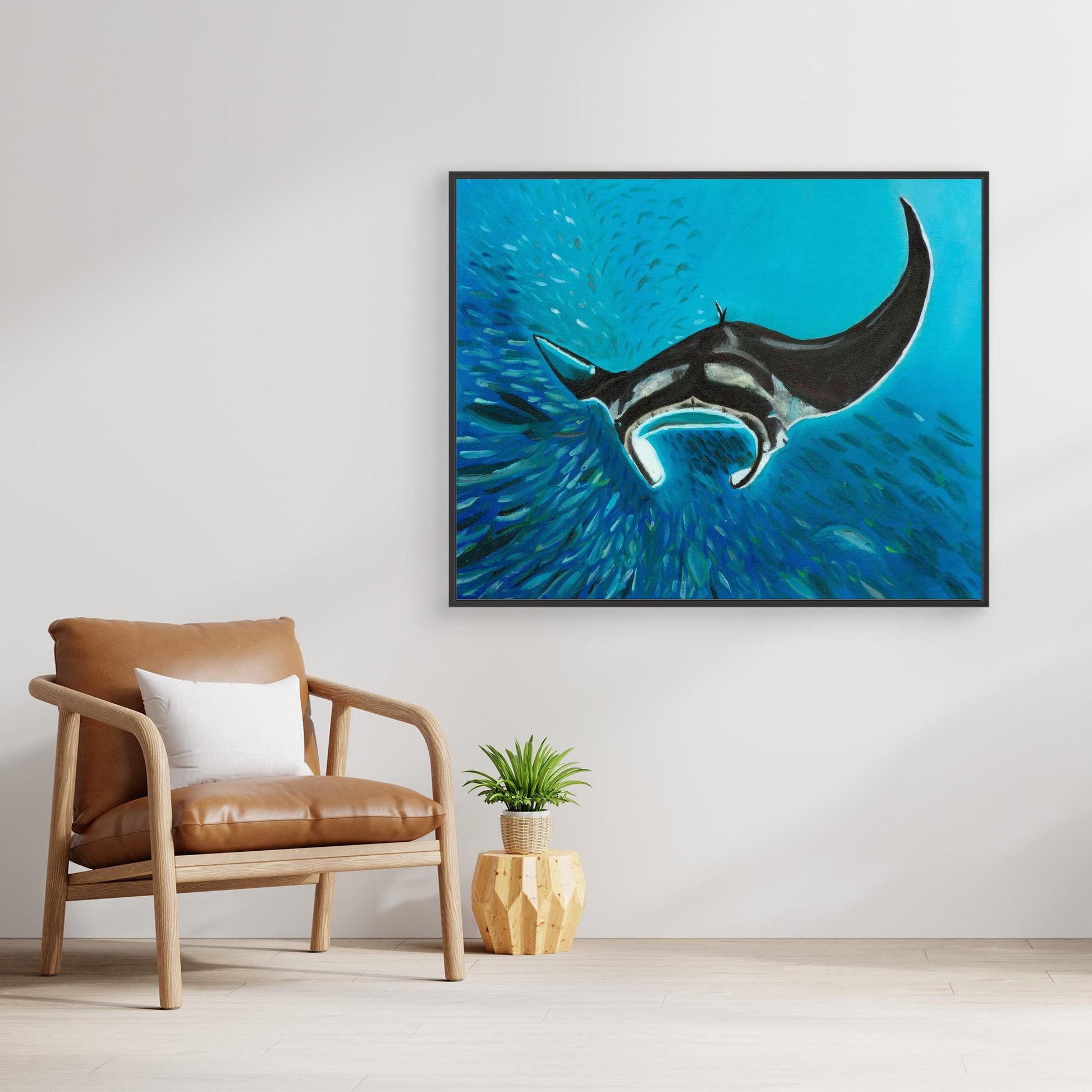 Freedom Manta Ray with School of Fish Canvas Art Print